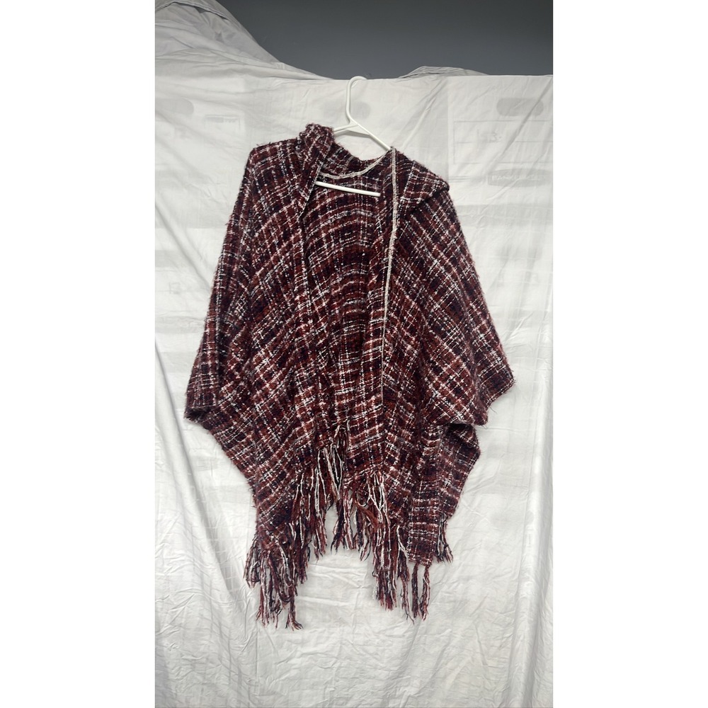 Plaid Hooded Poncho Cape Red Black Tweed Fringe Wrap One Size